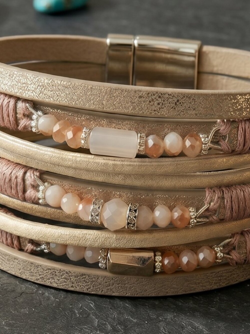 Vegan Leather Wrap Bracelet Champagne Multi Strand Beaded Magnetic Boho 7.5" - Picture 5 of 14